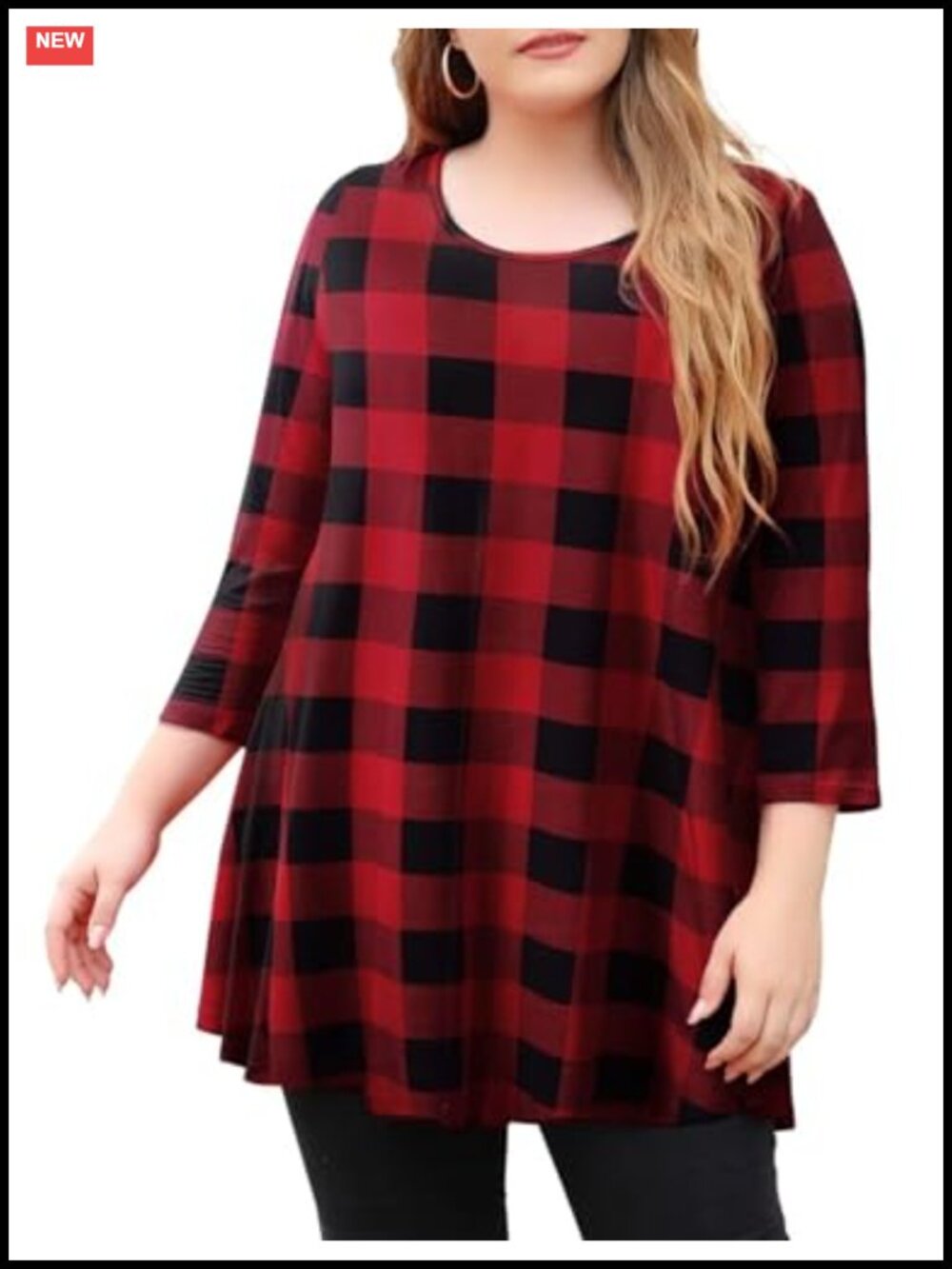 Womens Plus Size Tunic Top 3/4 Sleeve Scoop Neck Loose Fit Flowy Swing